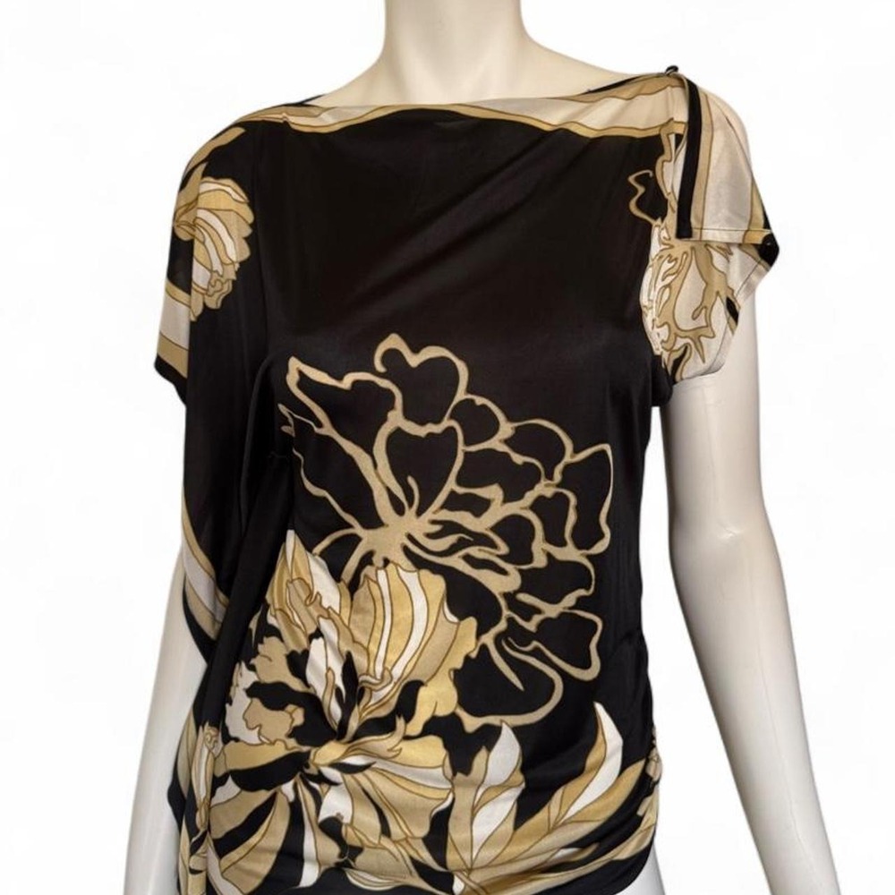 Mango Cavalli Inspired Abstract Floral Draped Asymmetric Top Black Beige XS